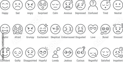 Fotografía Collection Of Facial Expression Icons Black Line Art On White Background