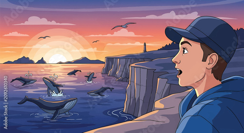Vector illustration, man watching dolphins, sunset ocean view, cartoon style