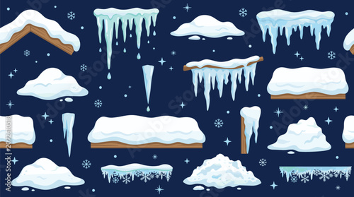 Photos Winter set with various snowdrifts icicles and snowflakes patterns isolated on a dark blue background texture