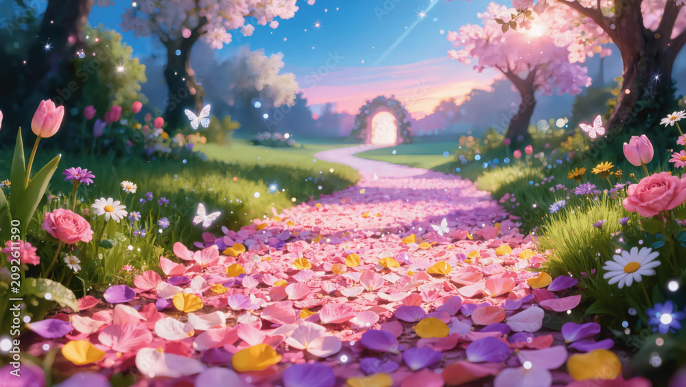 Obraz premium Garden path covered in flower petals, magical realism
