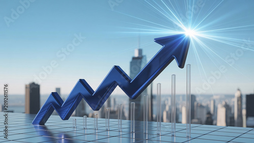 Blue arrow pointing up over a blurred city skyline, representing business growth and financial success