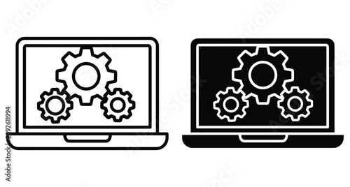 Laptop computer with gear icons on screen representing technical support system optimization software development digital maintenance and web engineering services