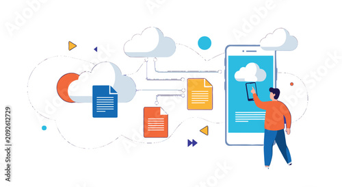 Man synchronizing digital files to cloud storage using smartphone for data backup and network accessibility technology.