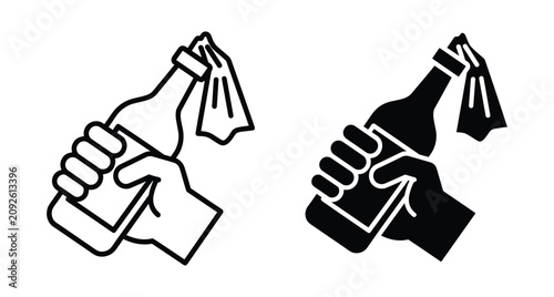 Hand holding Molotov cocktail bottle with rag wick icon set for protest revolution riot violence incendiary weapon symbol graphic design