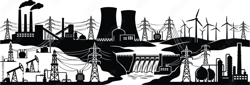 Obraz premium Black silhouette illustration of various power plants and energy production sites