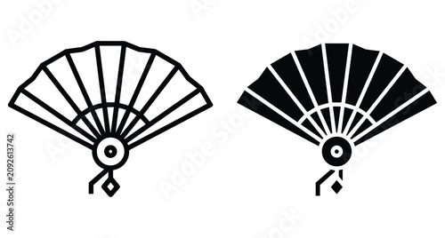 Traditional Japanese folding hand fan icon set featuring outline and solid black silhouette styles for oriental culture and summer cooling design