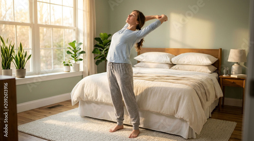 Young woman stretching arms reaching upward in bright bedroom after waking