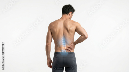 Fit shirtless man showing lower back pain with digital spinal injury illustration backpain muscular vertebrae healthcare discomfort physical orthopedic visualization diagnosis treatment