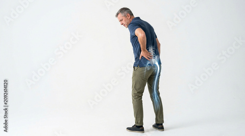 Man experiencing severe lower back pain with digital spine overlay backpain vertebrae healthcare discomfort physical orthopedic visualization diagnosis wellness treatment