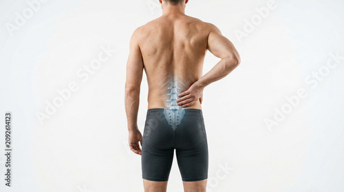 Shirtless man suffering from spinal injury highlighted with digital medical overlay backpain vertebrae healthcare discomfort physical orthopedic visualization diagnosis muscular treatment