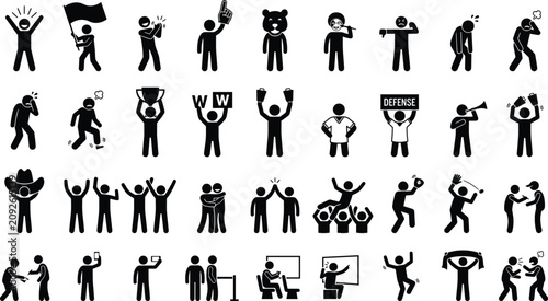 Set of black stick figure icons showing people cheering and celebrating sports events with flags trophy foam fingers and happy fans making gestures in a stadium sports arena