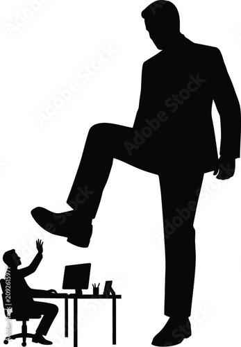 Silhouette of a giant businessman stepping on a tiny employee working at desk vector illustration