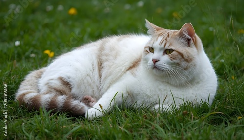 Photo of a fat white domestic cat with shorthaired tiger stripes relaxing on the grass and enjoying nature.

