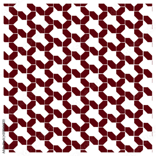 repeating an octagonal-like chain, blocky interlocking paths, geometric repeating pattern, fabric or wallpaper printing, stark white lattice effect, maroon shape, 