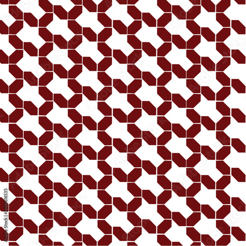 repeating an octagonal-like chain, blocky interlocking paths, geometric repeating pattern, fabric or wallpaper printing, stark white lattice effect, maroon shape, 