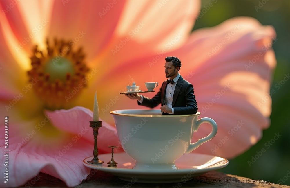 Obraz premium Tiny man in tuxedo serves tea from teacup near large flower petals. Candlelit table set for elegant garden tea party. Whimsical scene captures surreal fantasy theme, inviting imagination. Peaceful