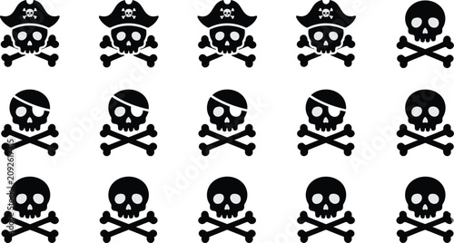 Canvastavla Pirate jolly roger skull and crossbones icons set with captain hats and eye patc