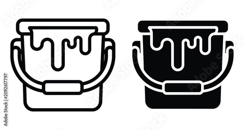 Paint bucket icon set with dripping liquid for renovation construction home improvement diy projects repair maintenance wall painting tools equipment