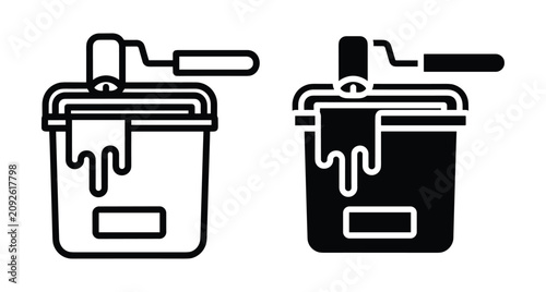 Paint bucket with dripping liquid and roller brush icon set for home renovation construction repair maintenance and interior design projects