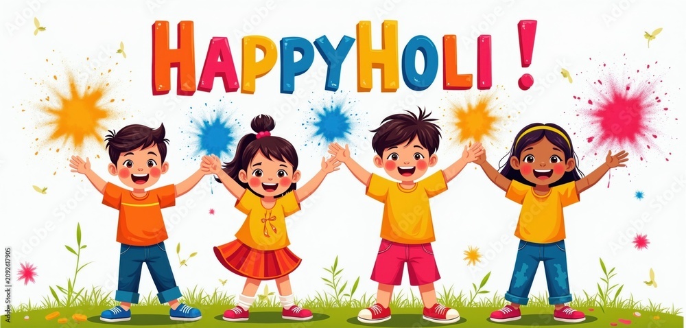 Fototapeta premium Diverse kids celebrate Holi festival throwing colored powder. Happy children play with bright paint splashes joyfully. Festive spring celebration outdoors joy, fun, togetherness event.