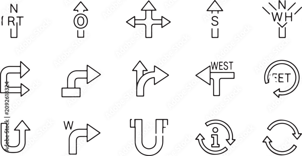 Fototapeta premium Directional arrow signs and symbols with text and circular motion on transparent background navigation and information icons.