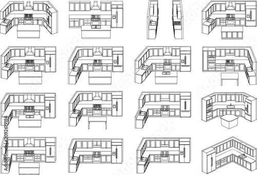 Schilderij op canvas Architectural scale figures of kitchen counter configurations and cabinetry layo