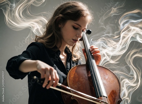 Ethereal Musician Playing Cello with Dramatic Smoke Wisps