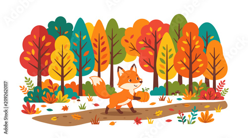 Cute cartoon fox carrying a pumpkin through an autumn forest with colorful trees