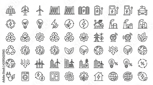 A collection of various eco-friendly and sustainable icons are shown.