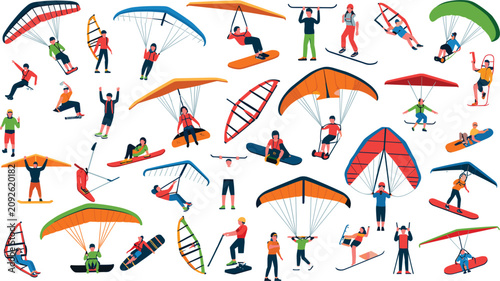 Photos Paragliding and hang gliding extreme sports character set, active people flying