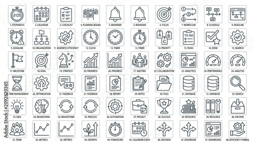 A collection of various business and technology icons is displayed.