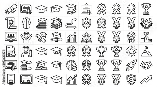 A collection of various achievement icons featuring graduation caps, trophies, and medals.