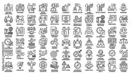Illustrations of various icons and symbols are arranged in rows and columns