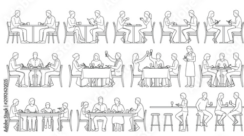 Architectural scale figures of people dining in restaurant and cafe line art vector illustration collection