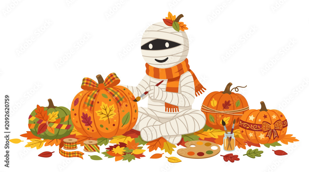 Fototapeta premium Cute Mummy Decorating Pumpkins for Autumn and Halloween