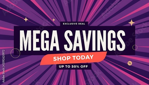 Mega savings promotional sale banner with radial motion lines promotion discount advertising marketing business
