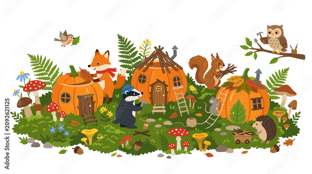 Naklejka premium Cute woodland animals building homes from pumpkins in autumn forest