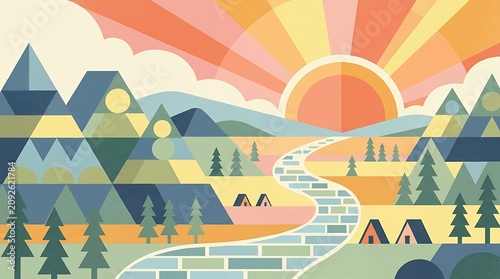 Abstract geometric landscape with a radiant sunrise over stylized mountains, a flowing river, and charming cabins nestled in a peaceful valley