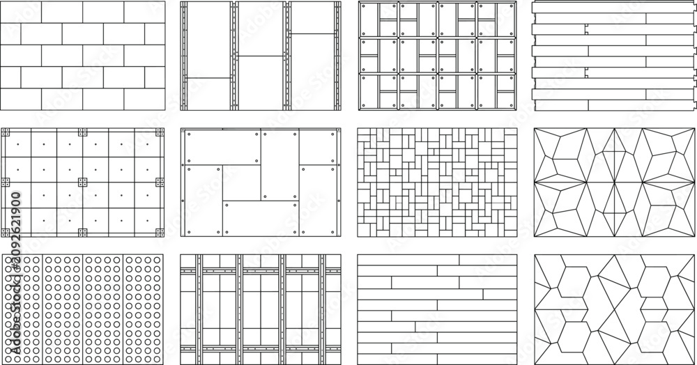 Fototapeta premium Architectural technical hatches of wall cladding and paving material patterns vector line art collection