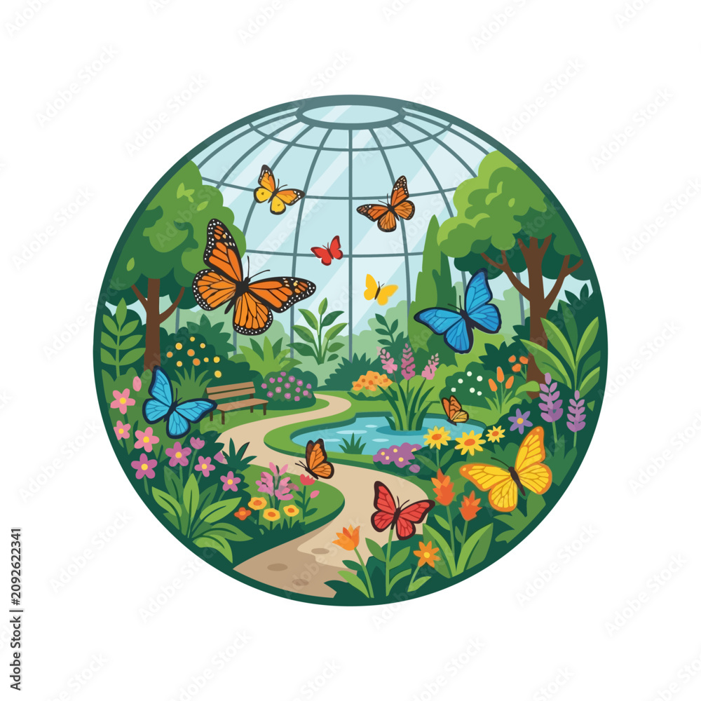 Fototapeta premium Colorful butterflies in a garden greenhouse.