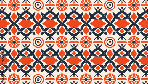 Foto Seamless geometric floral background pattern featuring bold blue and coral decorative shapes