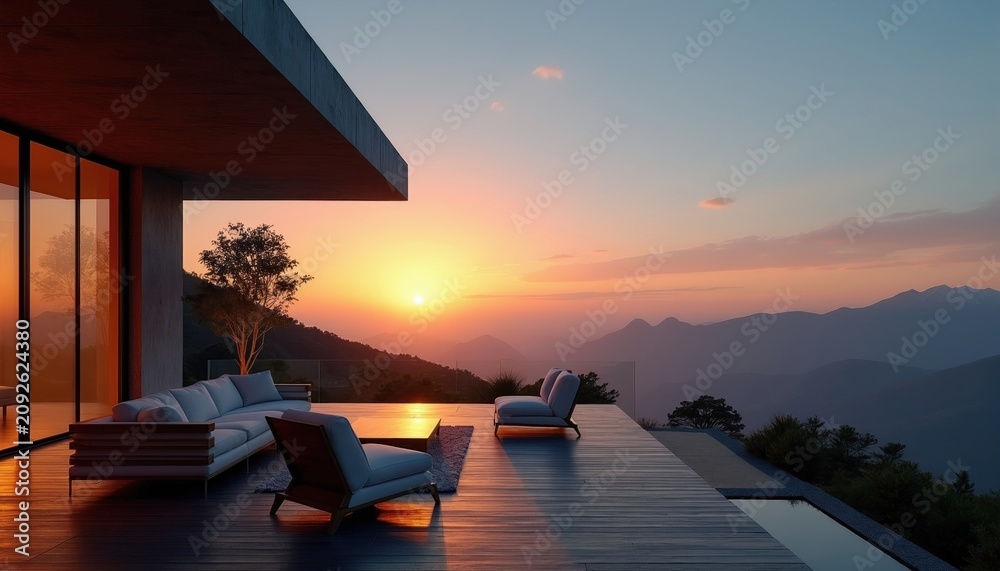 Fototapeta premium Modern terrace with furniture overlooks mountain landscape at sunset. Outdoor seating area with couches and table offers peaceful view. Minimalist architecture blends with nature.