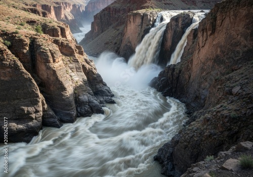 Dramatic desert canyon waterfall plunging into a churning river with mist and swirling rapids between rugged red cliffs