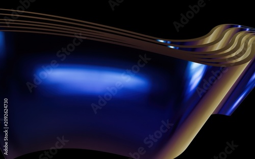 Abstract 3d background with flowing metallic blue and gold ribbons against black