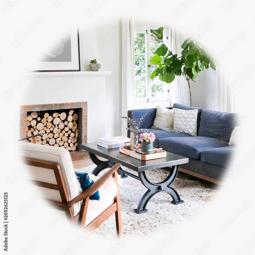 Obraz premium Cozy living room blur edge circle badge, interior photo