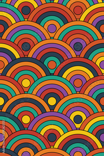 Vibrant retro colorful overlapping semi circle pattern with concentric circles in a traditional Japanese wave style background