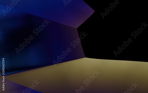 Abstract 3d composition with smooth blue curved surfaces and a warm golden floor against a dark background