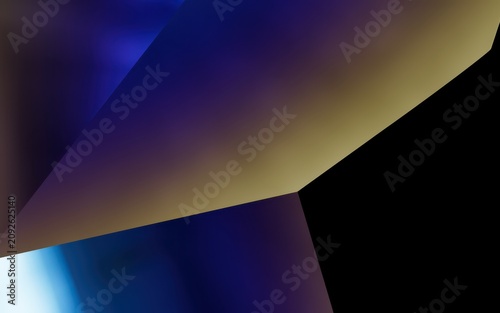 Abstract geometric composition with soft gradients of blue and gold light against a deep black background