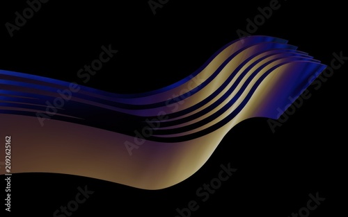 Abstract 3d wave shape with flowing lines and metallic gradient texture on a black background