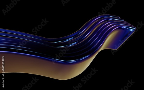 Abstract 3d render of flowing metallic ribbons with iridescent blue and gold gradient